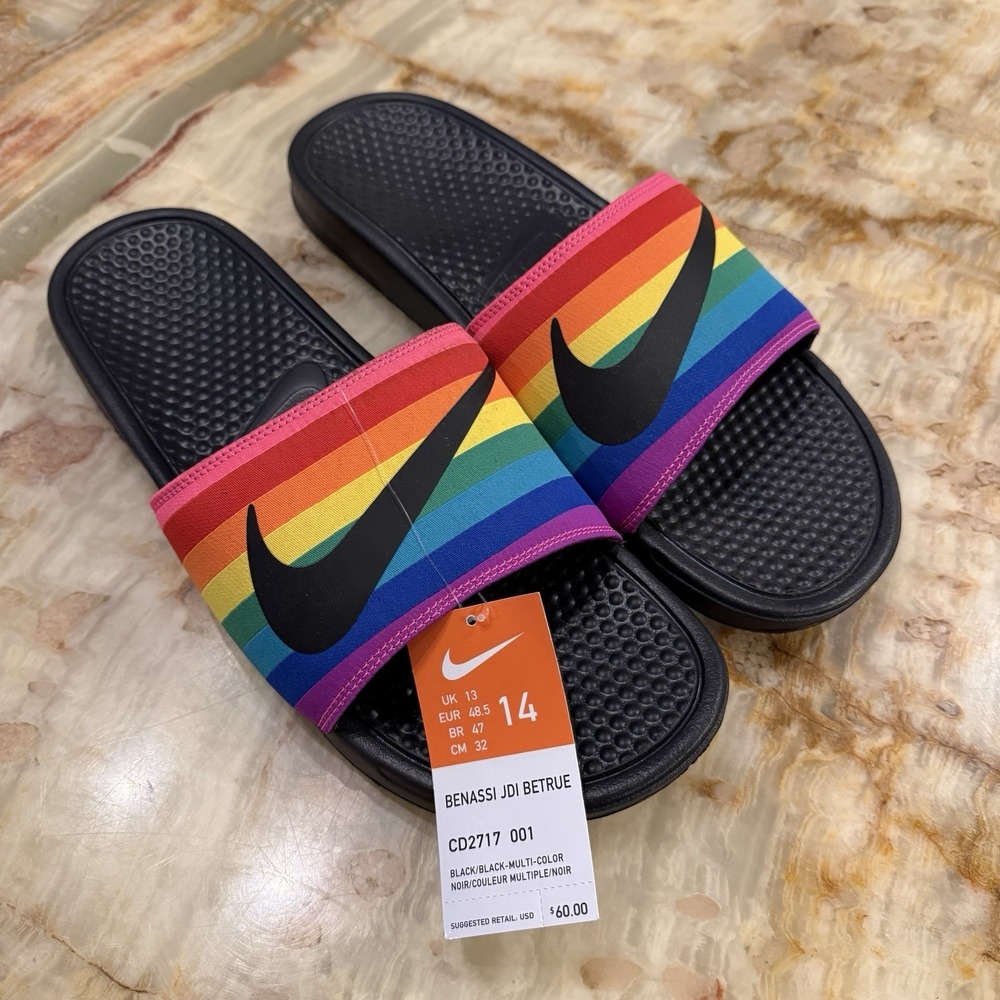 Nike Benassi JDI BeTrue Rainbow Slide Sandals Black Multi Color Men's Size 14